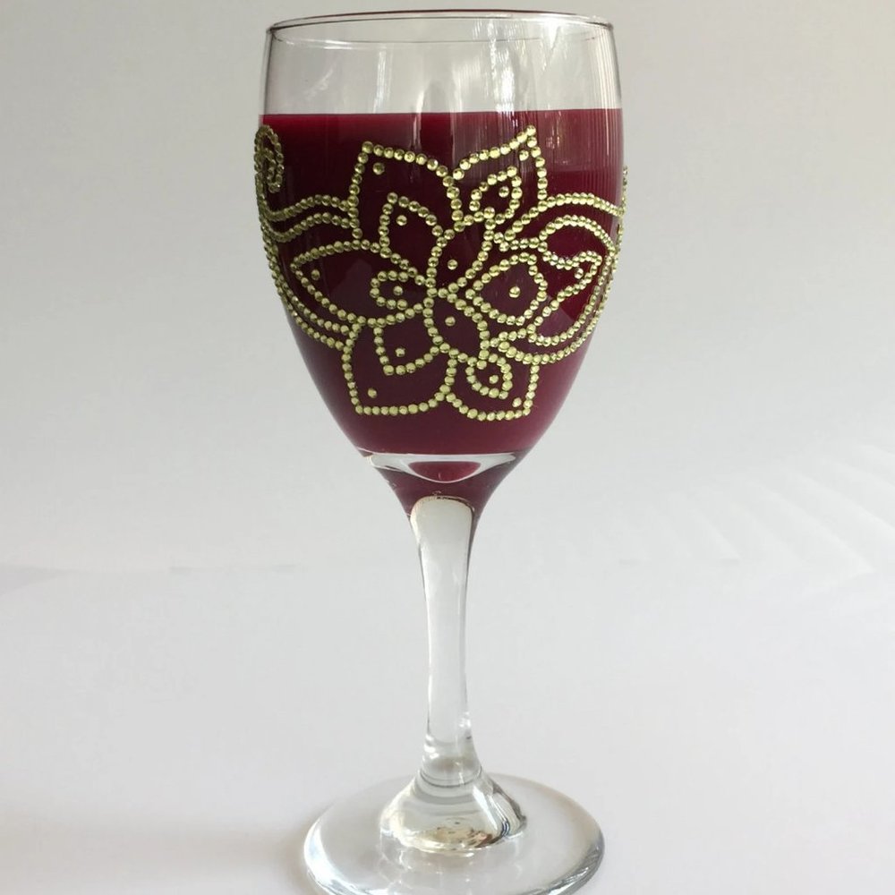 Wine glass, small, unique, handmade. Yellow flower and leaves rhinestone design